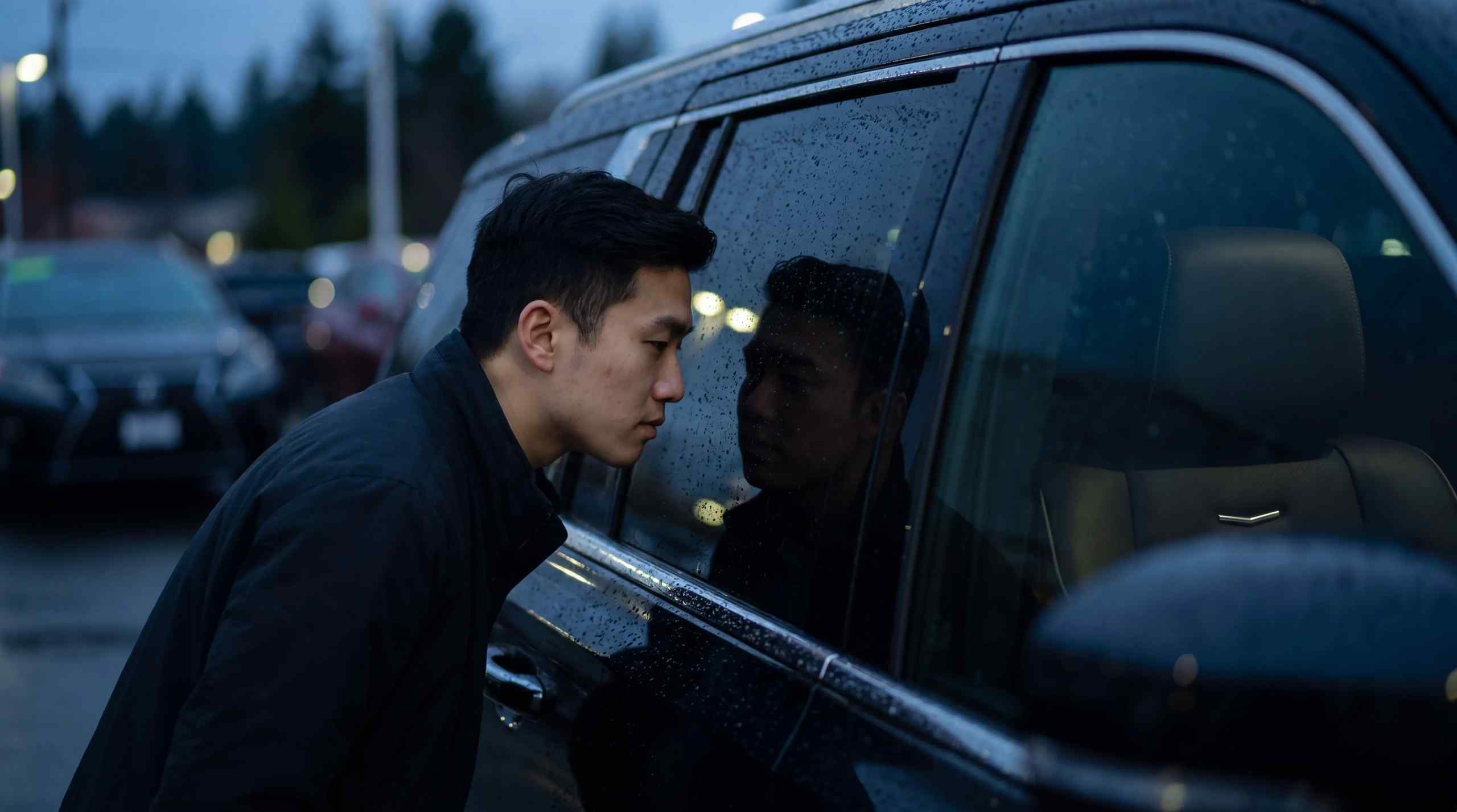 A man peering inside a new vehicle.